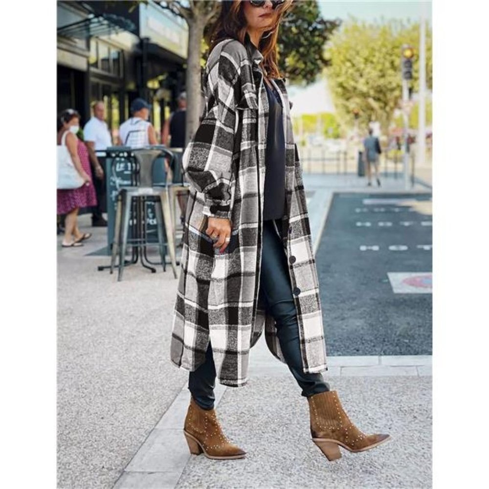 Black Plaid‎ Print Oversized Button Down Long Midi Trench Flannel Jacket Coat - Picture 3 of 6